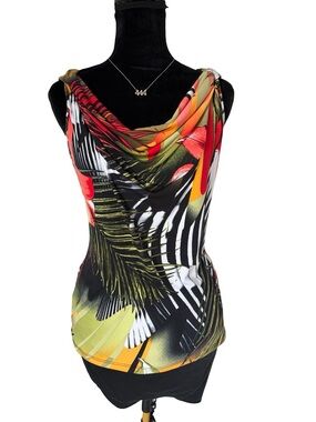 Vintage Libra M Draped Tropical Print Cowl Neck Women's Top - Black Multicolor